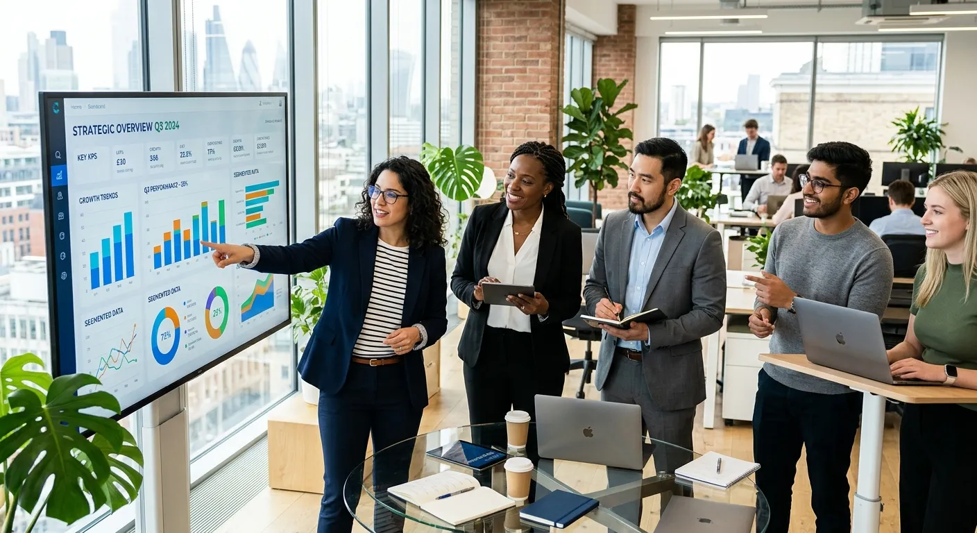 A diverse team of modern professionals collaborating in a bright, sunlit office, one pointing at a data dashboard on a large screen. Style: professional, aspirational, high-contrast. Mood: collaborative, innovative, and strategic.