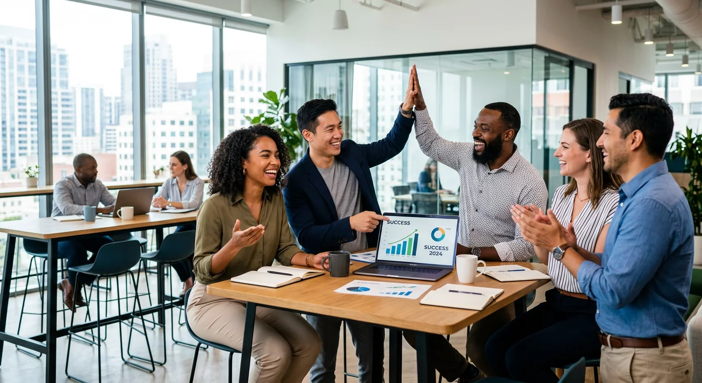 Modern, professional hero image depicting a diverse team collaborating in a bright, contemporary office. Focus on positive interaction and a sense of achievement. Style: Clean, corporate photography with high contrast and vibrant colors.