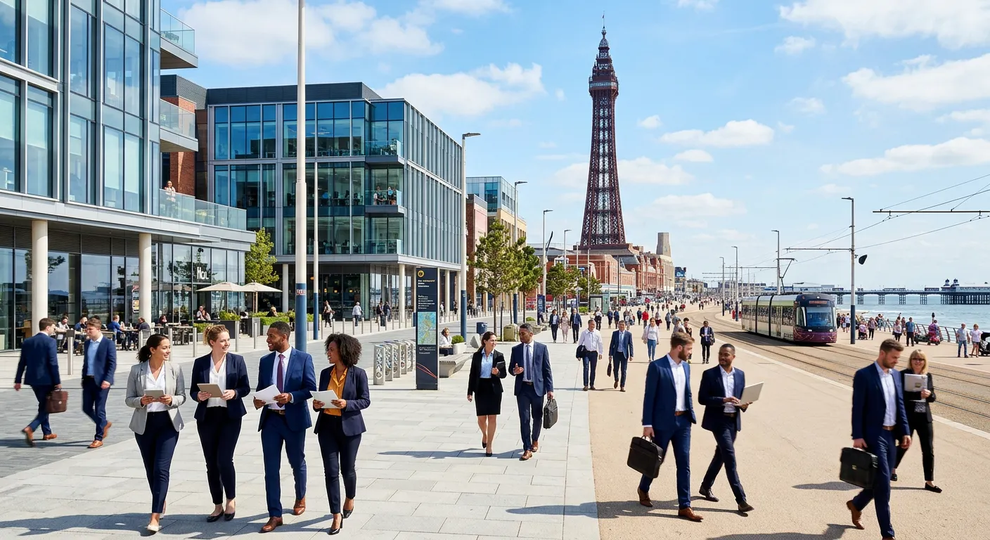 A dynamic, professional photograph of the Blackpool seafront and business district, blending iconic landmarks like the Tower with modern office buildings. People in professional attire are shown walking purposefully, with a focus on collaboration and industry. Style: Vibrant, optimistic, modern business mood.