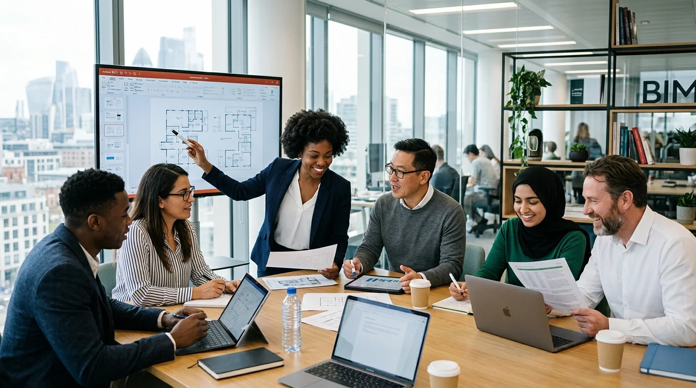 Hero image of a diverse, professional team collaborating in a modern office setting. Style: High-resolution, authentic corporate photography. Mood: Collaborative, innovative, and successful.