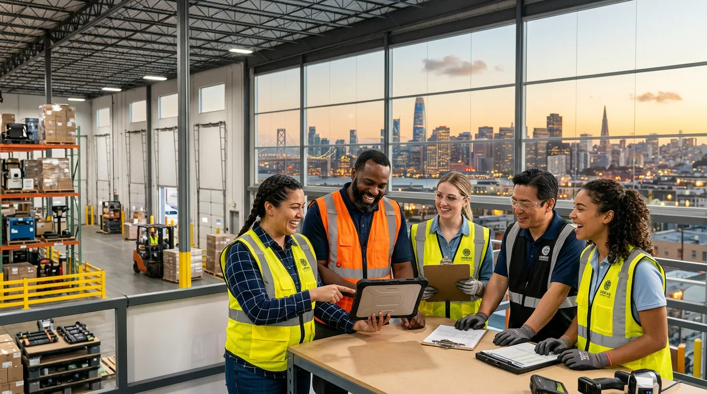 Professional hero image showing a diverse team of workers in a modern industrial or warehouse settin... Professional hero image showing a diverse team of workers in a modern industrial or warehouse setting in city, smiling and collaborating, with a bright, optimistic tone. Focus on the local skyline or landmarks in the background.