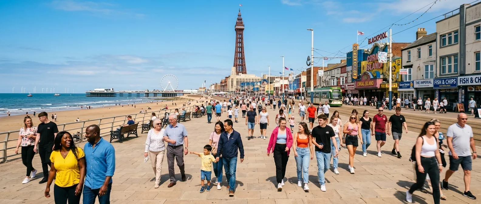 Wide, professional panoramic shot of Blackpool Promenade and the Tower on a bright day, featuring a... Wide, professional panoramic shot of Blackpool Promenade and the Tower on a bright day, featuring a diverse group of people walking, symbolising opportunity and a bustling economy. High contrast, vibrant colours.