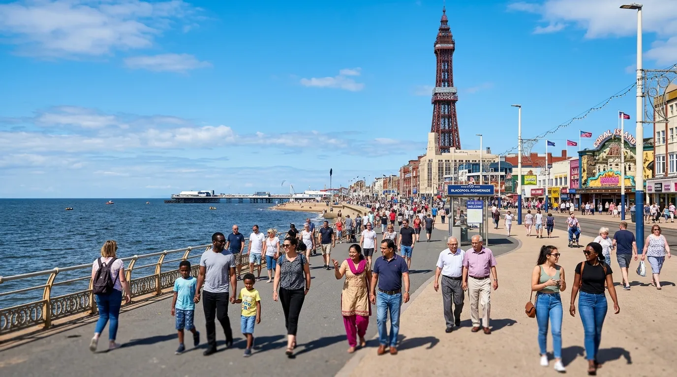 A dynamic, wide-angle shot of Blackpool Promenade and Tower on a bright day, featuring a diverse mix... A dynamic, wide-angle shot of Blackpool Promenade and Tower on a bright day, featuring a diverse mix of people walking, symbolizing opportunity and movement. Professional, uplifting mood.