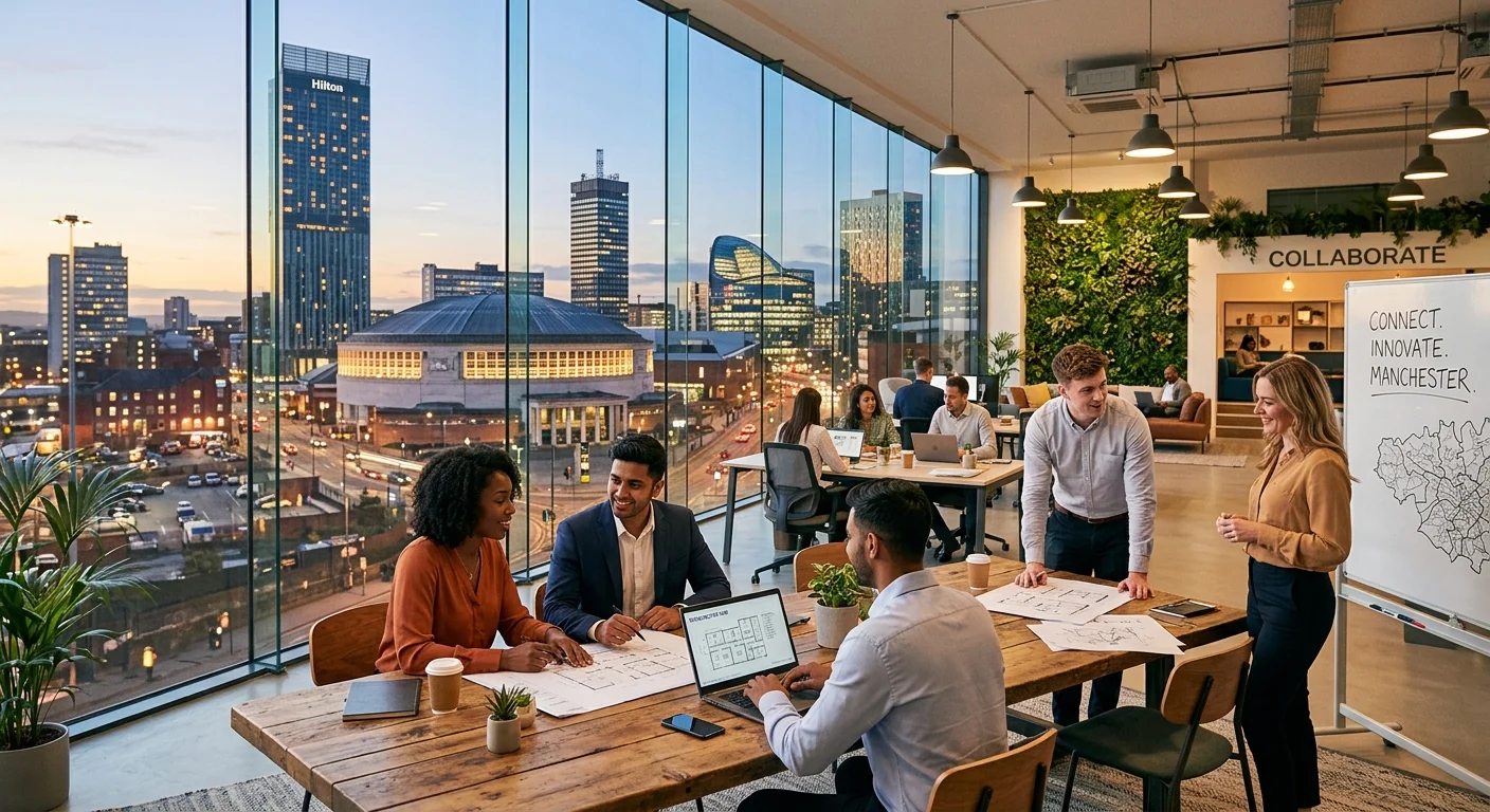 A dynamic, high-energy hero shot of Manchester's skyline (Beetham Tower, Manchester Central) blending seamlessly into a modern, vibrant office space where diverse professionals are collaborating, symbolizing the connection between the city and its workforce. Professional, inspiring mood.