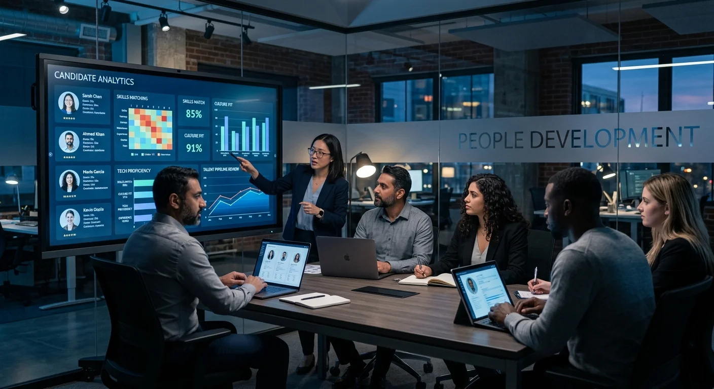 A modern, professional workspace showing a diverse team of HR specialists collaboratively reviewing candidate profiles on large digital screens, with visualizations of data analytics and skill matching. Moody, focused lighting with a blue and slate color tone.