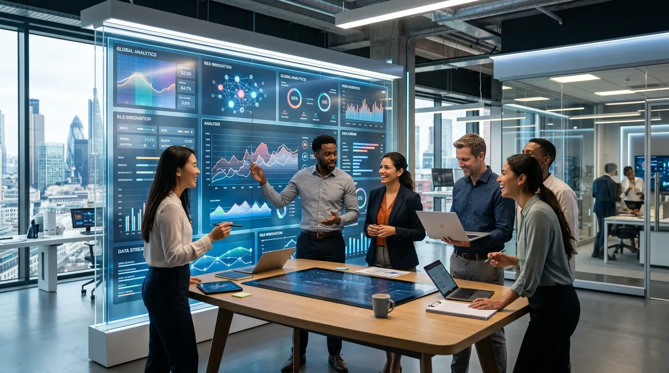 A modern, dynamic hero image showing a diverse team of professionals collaborating in a sleek, futur... A modern, dynamic hero image showing a diverse team of professionals collaborating in a sleek, futuristic office environment with data visualizations and screens in the background, conveying innovation and efficiency. Style: Professional, high-tech, optimistic mood.