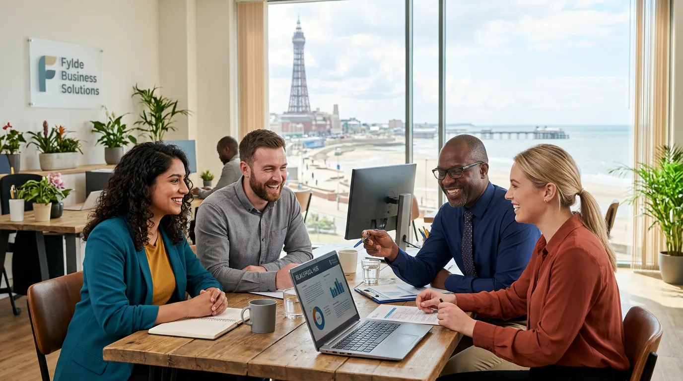 Hero image showing a diverse group of professional workers in a modern Blackpool business setting, smiling and collaborating. Style should be bright, optimistic, and professional.