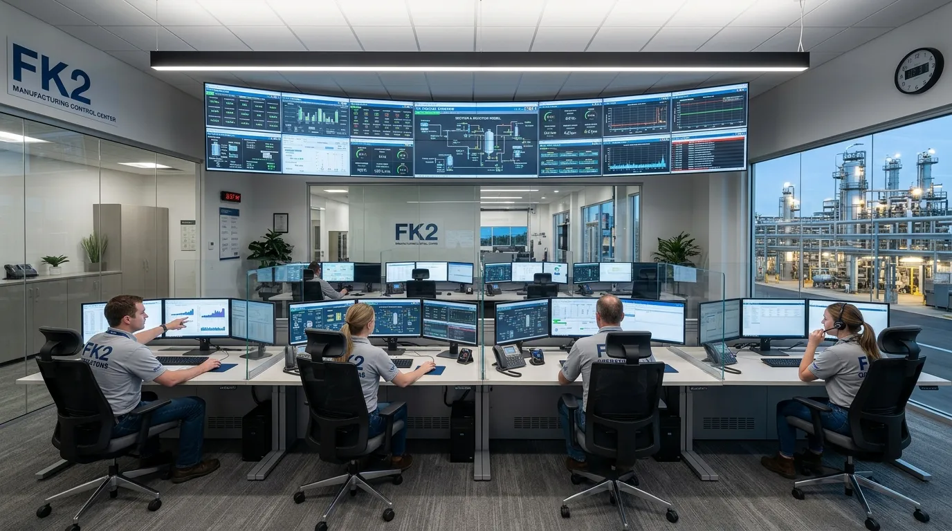 A wide-angle photo of a modern, clean industrial control room in an FK2 manufacturing plant, showing... A wide-angle photo of a modern, clean industrial control room in an FK2 manufacturing plant, showing engineers monitoring multiple SCADA system screens