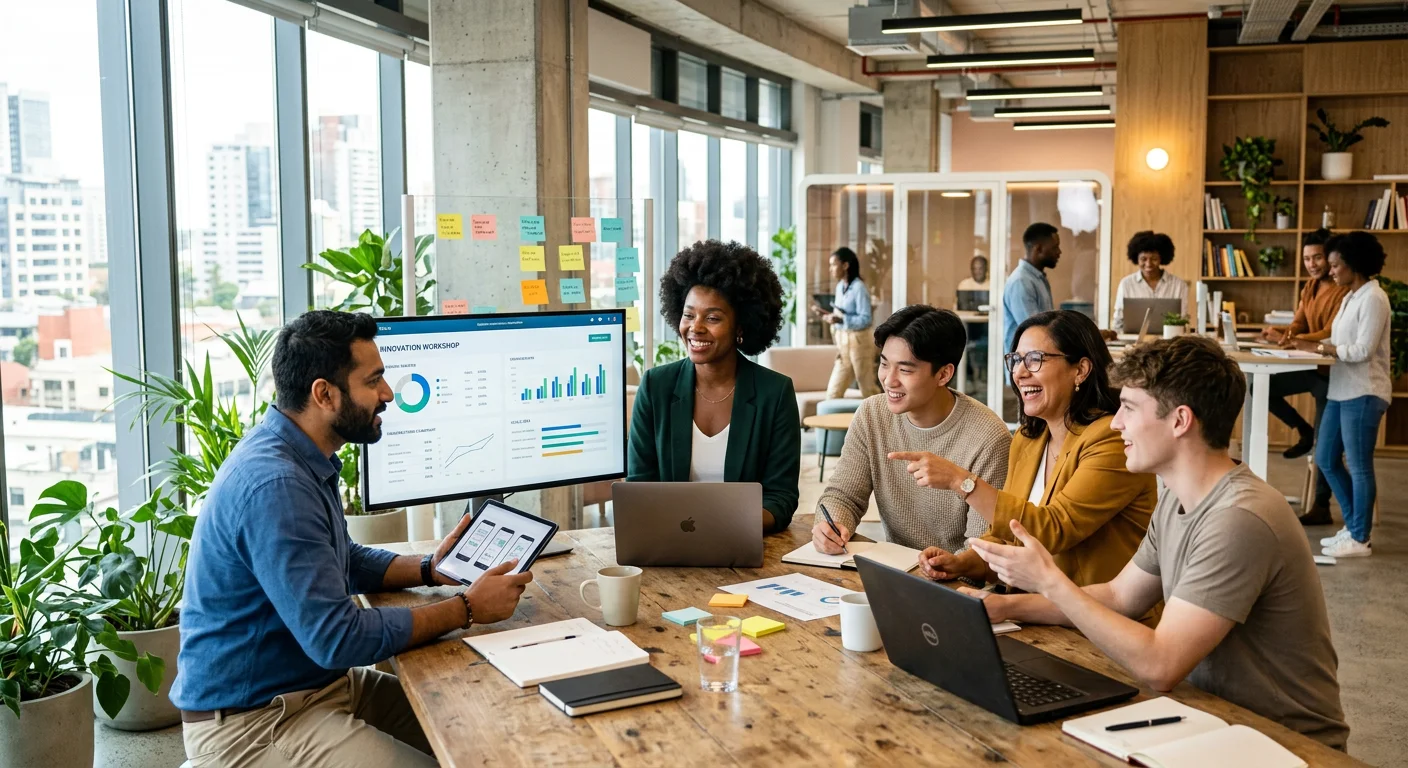 A modern, diverse team of professionals collaborating in a bright, open-plan office. The style is professional and aspirational, with a focus on human connection and technology. The mood is energetic and forward-thinking.