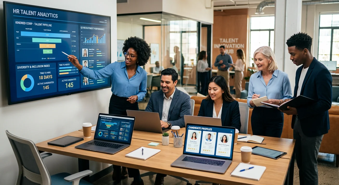 A dynamic, modern office scene showing a diverse HR team collaborating over digital dashboards and candidate profiles on multiple screens. Style: Professional, vibrant, forward-looking. Mood: Strategic, efficient, and tech-enabled.