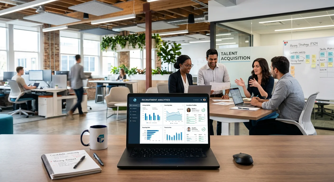 A modern, high-tech office environment with diverse professionals collaborating in the background, with a laptop screen prominently displaying analytics dashboards and candidate profiles, symbolizing data-driven recruitment.