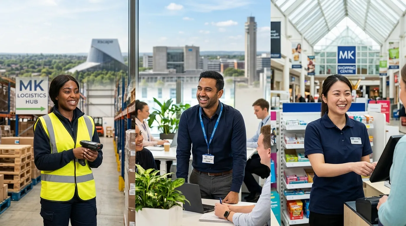 Professional, uplifting hero image showing diverse temporary workers smiling in various Milton Keyne... Professional, uplifting hero image showing diverse temporary workers smiling in various Milton Keynes work settings - warehouse, office, retail - with Milton Keynes skyline or landmarks subtly in background. Style: authentic, bright, professional photography.
