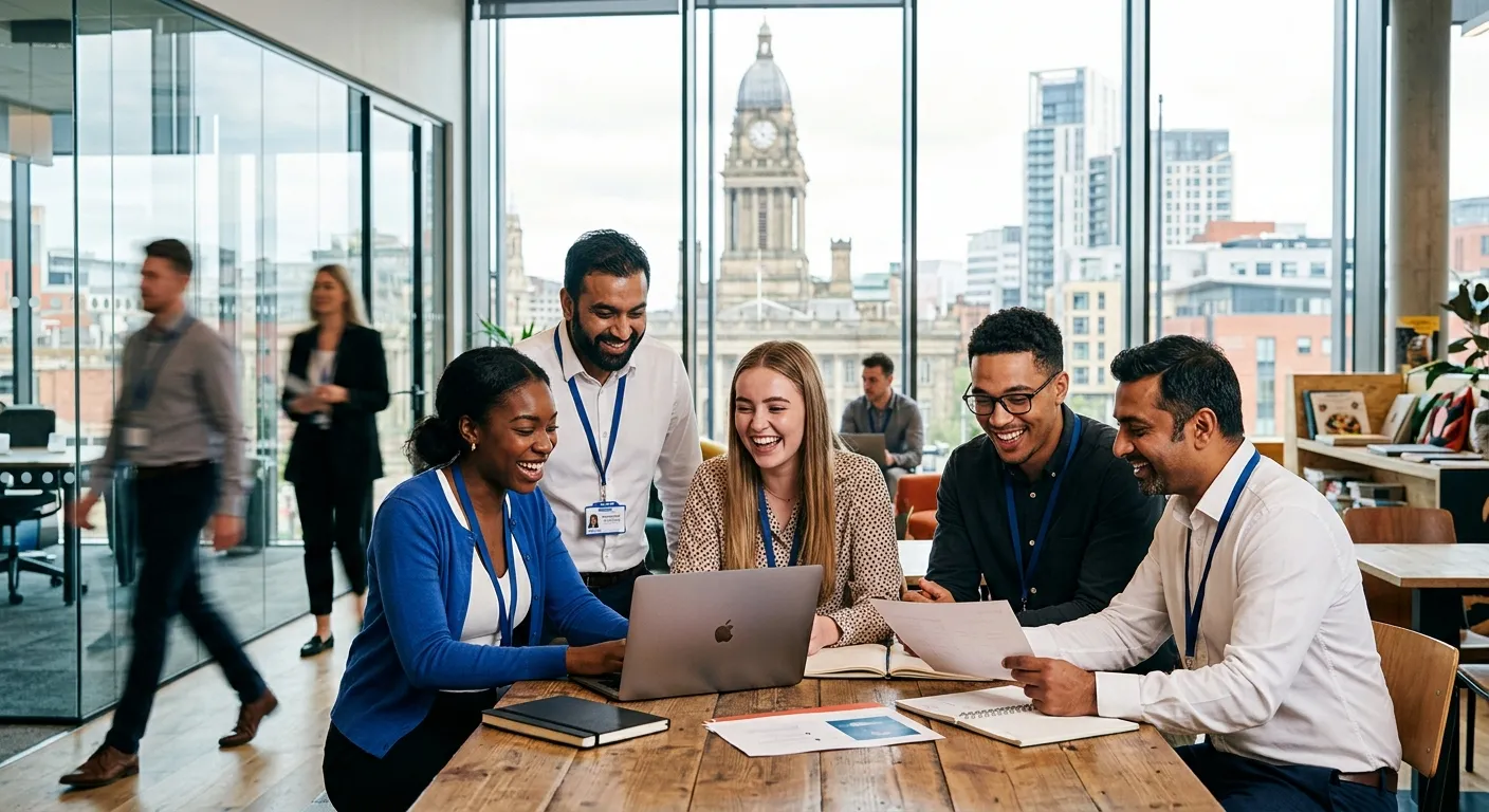 A professional, dynamic hero image showing a diverse group of temporary workers in a modern Leeds workplace setting, smiling and collaborating. The image should convey energy, opportunity, and professionalism, with subtle Leeds landmarks in the background.
