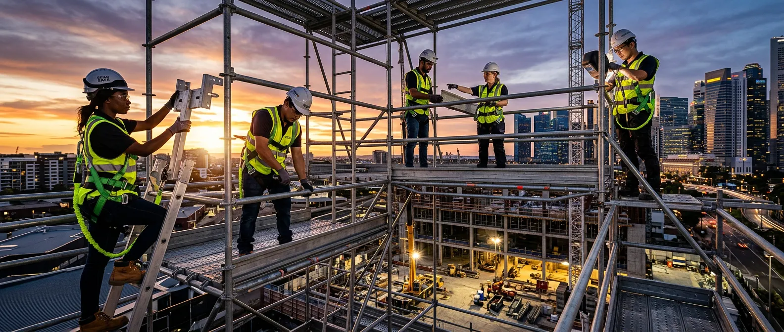 A high-contrast, professional hero image of a diverse team of scaffolders working safely on a modern... A high-contrast, professional hero image of a diverse team of scaffolders working safely on a modern construction site at sunset, showcasing the structure and teamwork, with a focus on safety gear and urban backdrop.