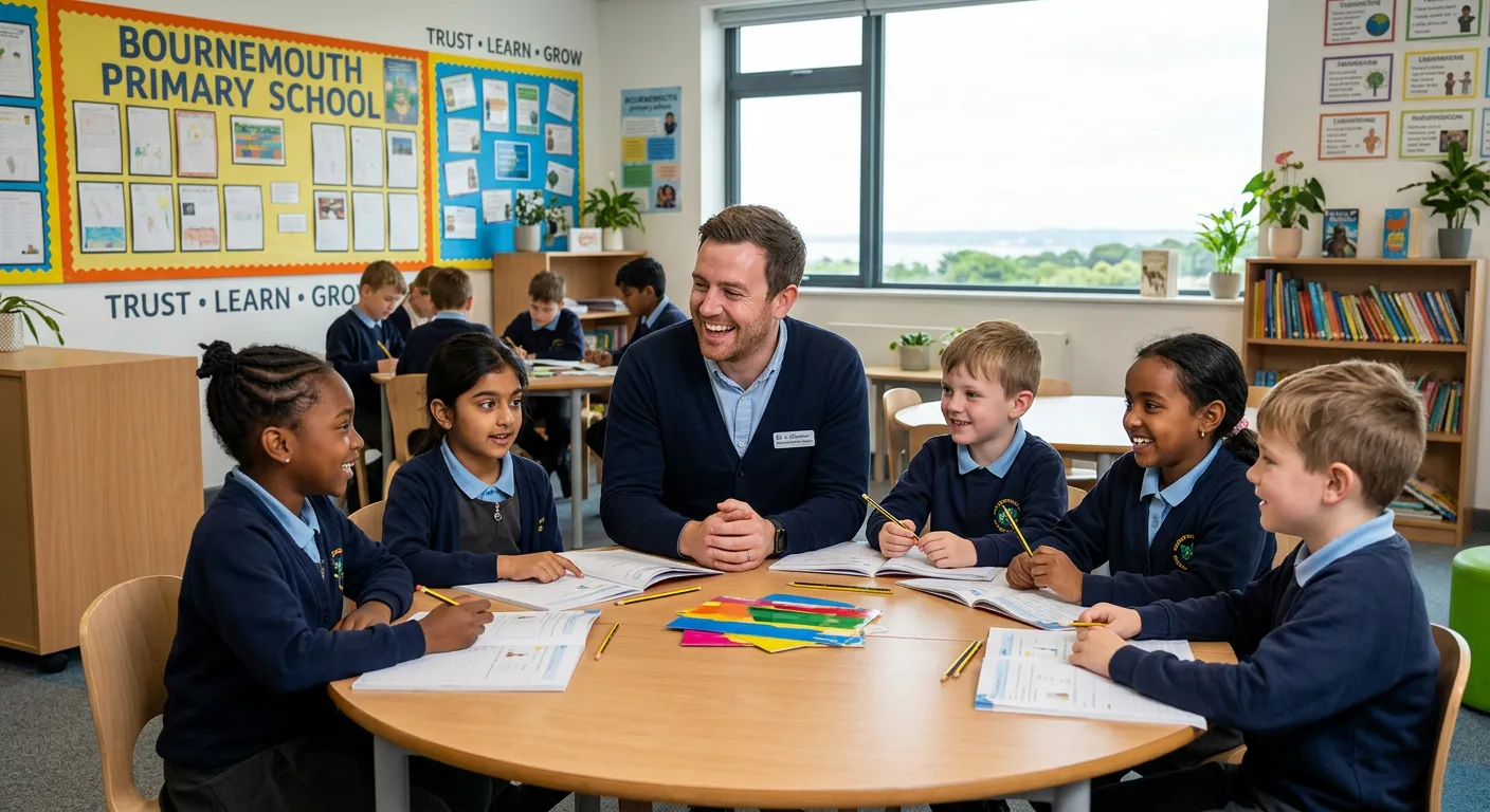 A professional, welcoming photo of a smiling teacher in a modern classroom in a Bournemouth school, engaging with diverse students. The image should convey trust, education, and a positive work environment.