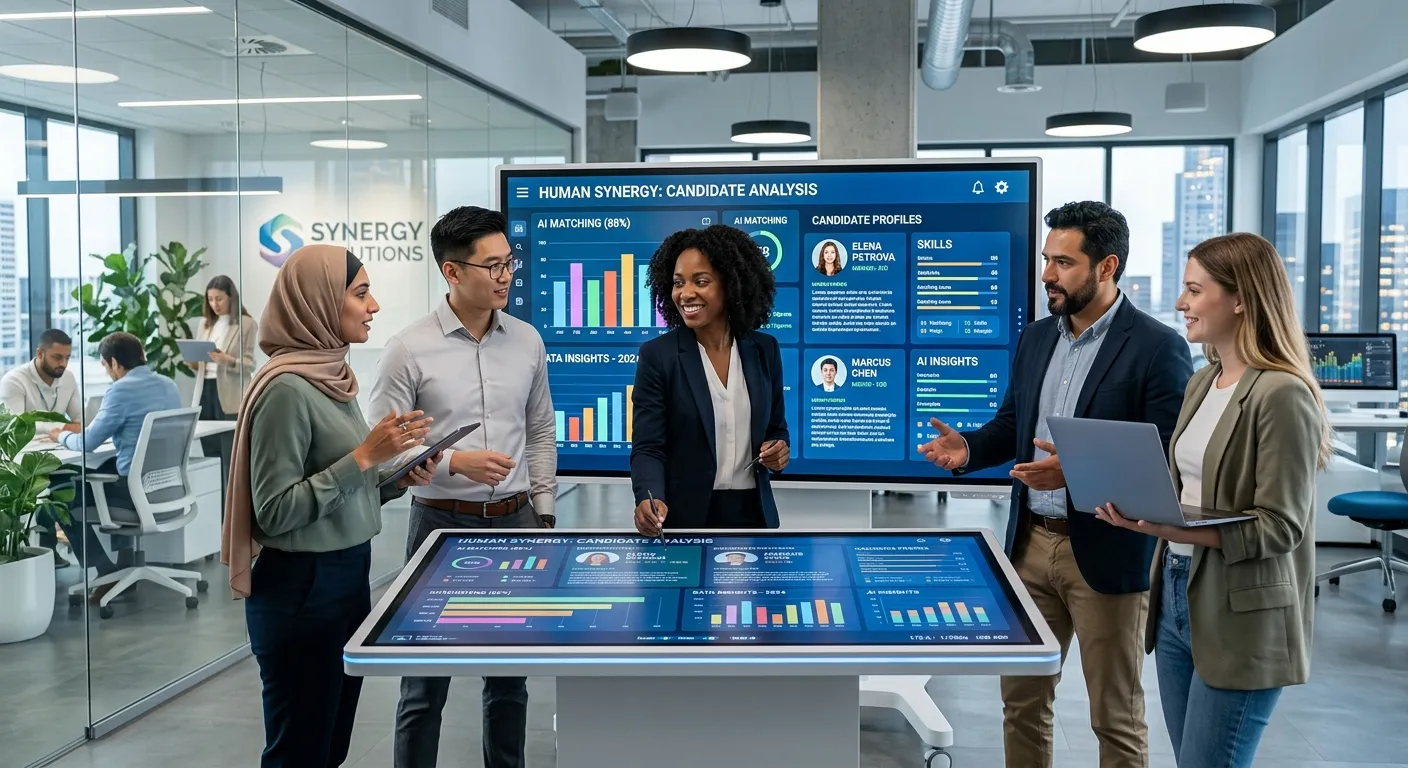 A modern, diverse team of professionals collaborating in a bright, tech-forward office space. They are gathered around a large digital screen displaying analytics and candidate profiles. Style is professional, aspirational, and futuristic with a focus on human-AI collaboration.
