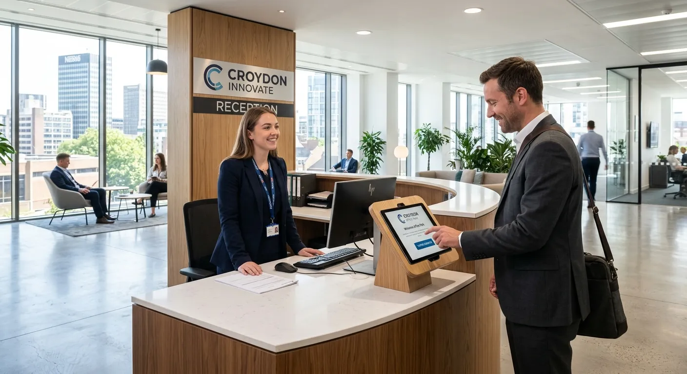 A modern, bright corporate reception area in a Croydon office building, featuring a professional rec... A modern, bright corporate reception area in a Croydon office building, featuring a professional receptionist smiling while assisting a visitor using a tablet check-in system.