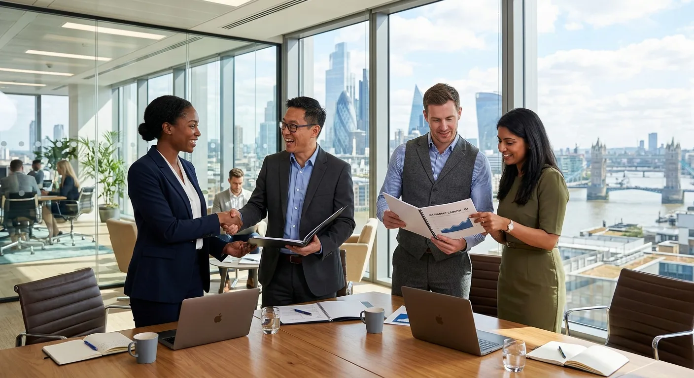 Professional hero image showing a diverse group of business professionals in a modern London office,... Professional hero image showing a diverse group of business professionals in a modern London office, shaking hands and reviewing documents. Style is bright, confident, and dynamic, with iconic London skyline visible through a window.