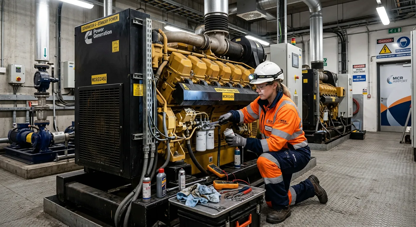 A professional engineer in high-visibility clothing performing maintenance on a large industrial die... A professional engineer in high-visibility clothing performing maintenance on a large industrial diesel generator inside a plant room at Manchester Airport, technical and safety-focused mood
