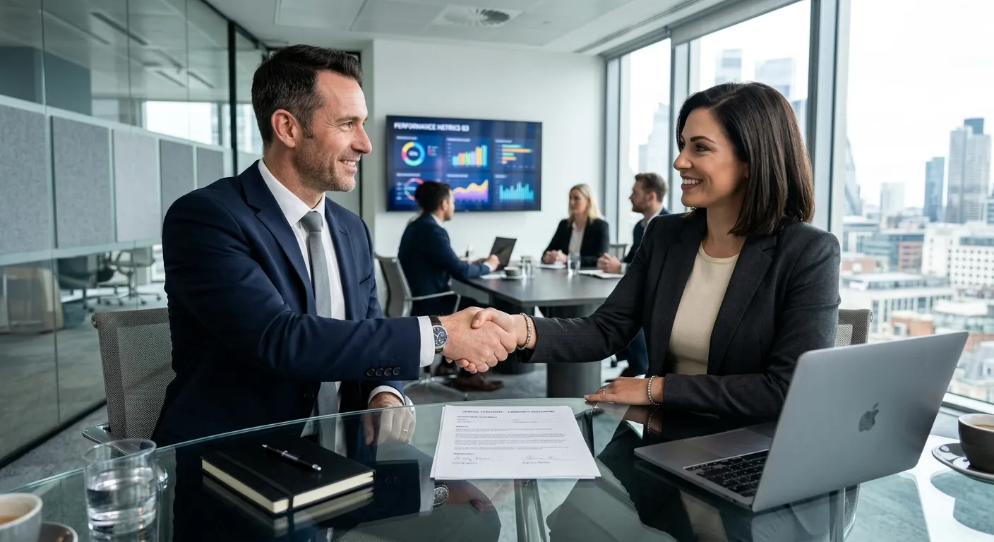 Professional, high-contrast image of a modern business meeting. A hiring manager and an agency representative shake hands over a contract document on a glass desk. Laptop and stylized charts in the background. Style: corporate, sharp, confident.
