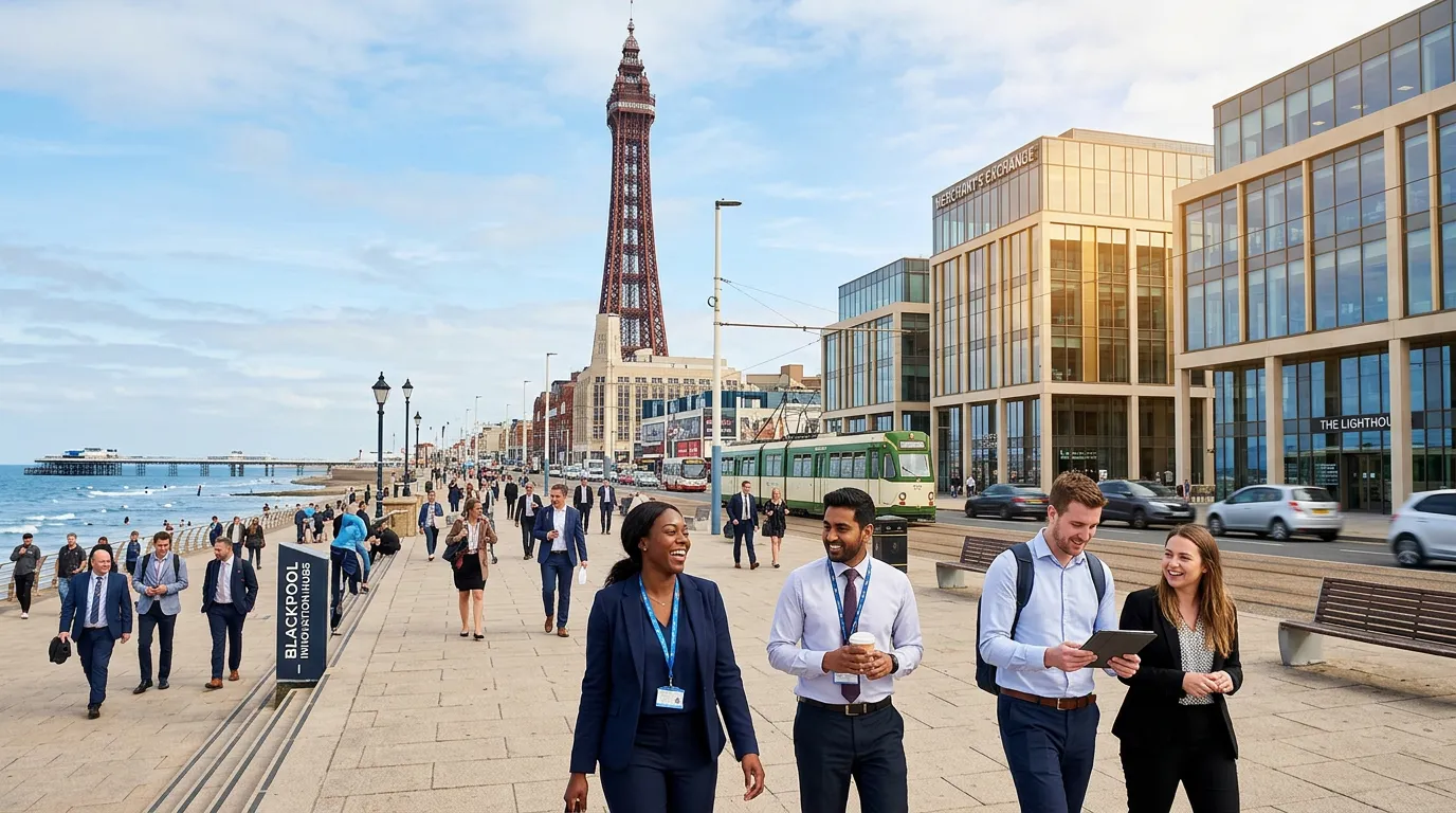A dynamic, wide-angle shot of Blackpool's iconic seafront and skyline, blending the historic Blackpo... A dynamic, wide-angle shot of Blackpool's iconic seafront and skyline, blending the historic Blackpool Tower with modern office buildings. Professional, optimistic mood, showing a diverse group of people commuting and interacting, symbolising the city's vibrant job market.