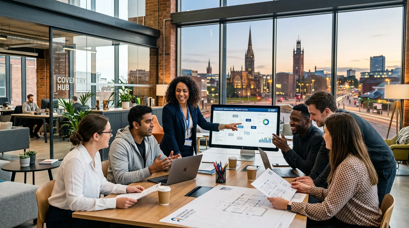 A dynamic, professional hero image showing a diverse group of professionals collaborating in a moder... A dynamic, professional hero image showing a diverse group of professionals collaborating in a modern Coventry office or light industrial setting. The image should convey energy, opportunity, and professionalism, with the Coventry skyline subtly visible in the background. Style: Modern, vibrant, high-contrast. Mood: Optimistic, productive, and forward-looking.