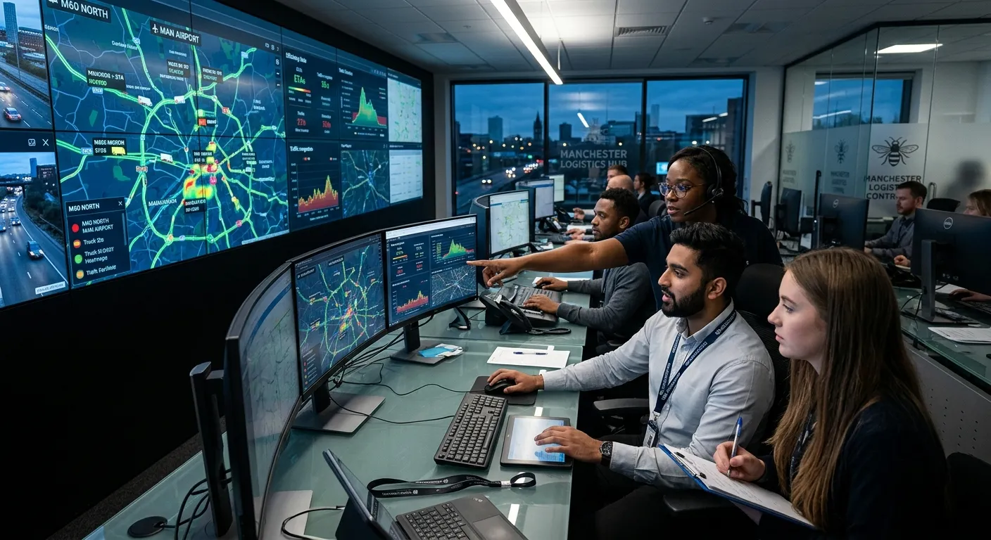 A professional, dynamic image of a modern logistics control room in Manchester. A diverse team of planners is shown analysing digital route maps on large screens, symbolising efficient transport management. The mood is focused, professional, and high-tech.