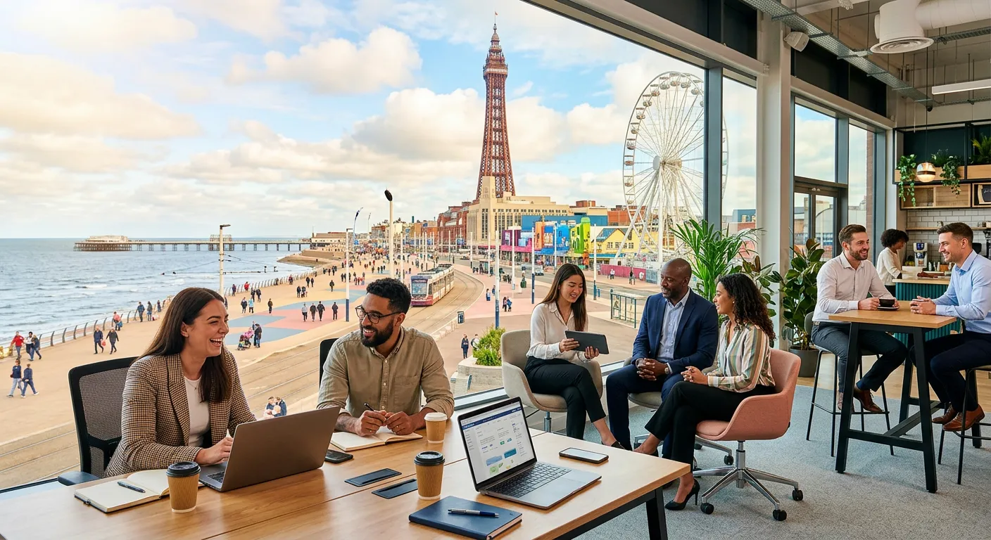 A dynamic, professional photo of Blackpool's iconic skyline including the Tower and the vibrant promenade, blended with a diverse group of professionals working in modern office and hospitality settings. Style: Inspiring, optimistic, and modern. Mood: Energetic and full of opportunity.