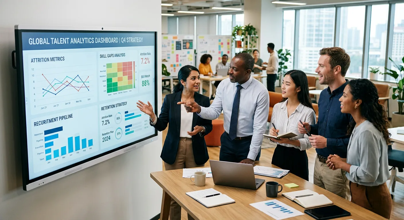 A diverse group of professional, engaged employees in a modern office collaborating around a digital screen showing talent analytics, with a focus on strategy and teamwork. Professional, bright, and dynamic mood.