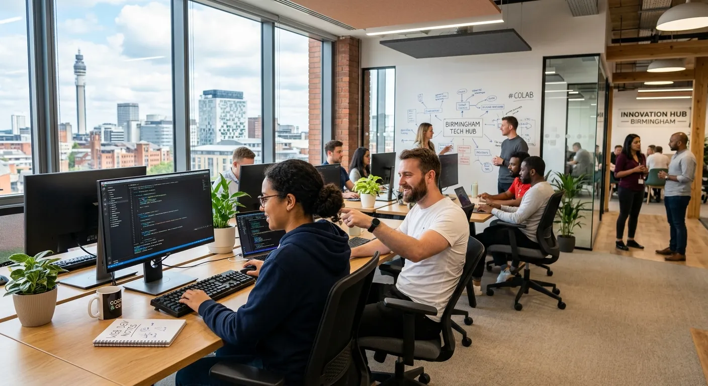 A modern, professional workspace in Birmingham with a developer coding on a laptop, showcasing a collaborative tech environment. Style: Bright, clean, and aspirational.