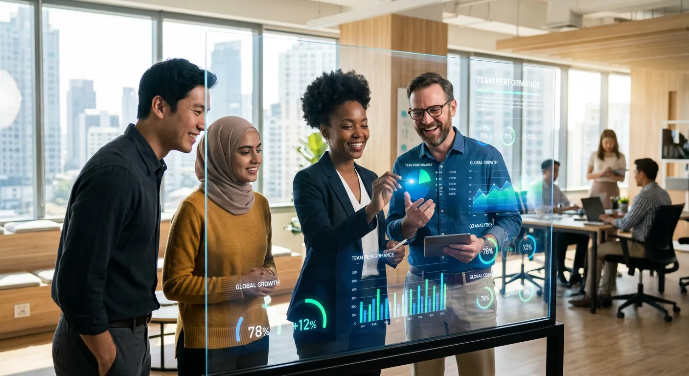 A modern, diverse group of professionals in a collaborative office setting, looking at data on a transparent smart screen. Style is bright, high-tech, and aspirational, with a focus on human connection and technology.