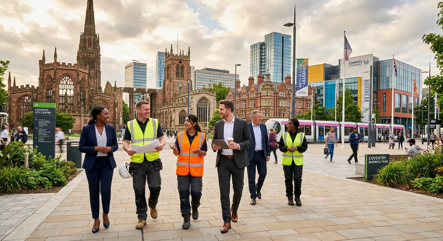 A professional, high-energy photograph of Coventry city centre, blending historic architecture with modern business parks. In the foreground, a diverse group of professionals, some in business attire, others in high-visibility vests, are engaged in conversation, symbolising the breadth of agency jobs in Coventry. Style: Vibrant, aspirational, and modern.