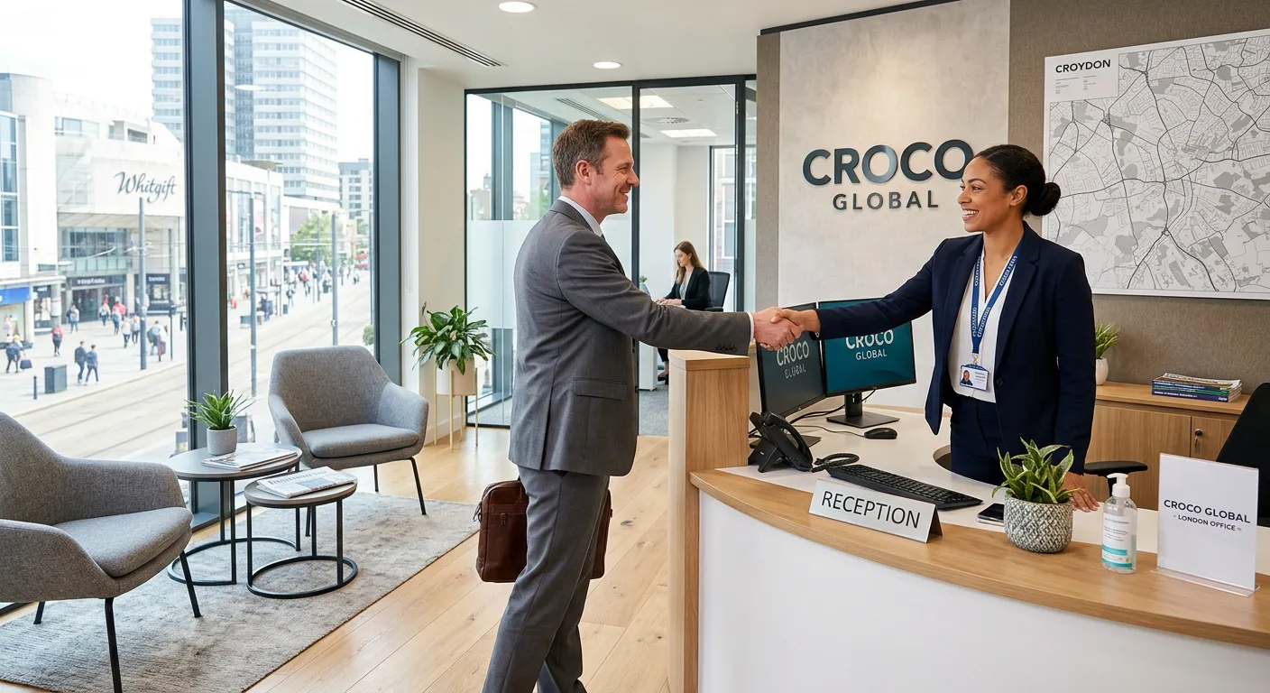 A modern, professional reception area in a Croydon office building, featuring a welcoming desk with... A modern, professional reception area in a Croydon office building, featuring a welcoming desk with dual monitors, a stylish waiting area, and a confident reception manager in professional attire greeting a visitor. Bright, clean, and corporate mood.