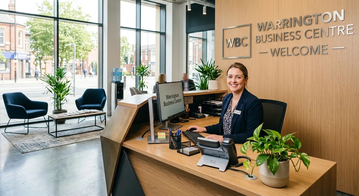 Professional, welcoming image of a modern office reception area in Warrington, featuring a smiling administrator at a desk with a computer and phone. Style: bright, clean, and professional, conveying efficiency and opportunity.