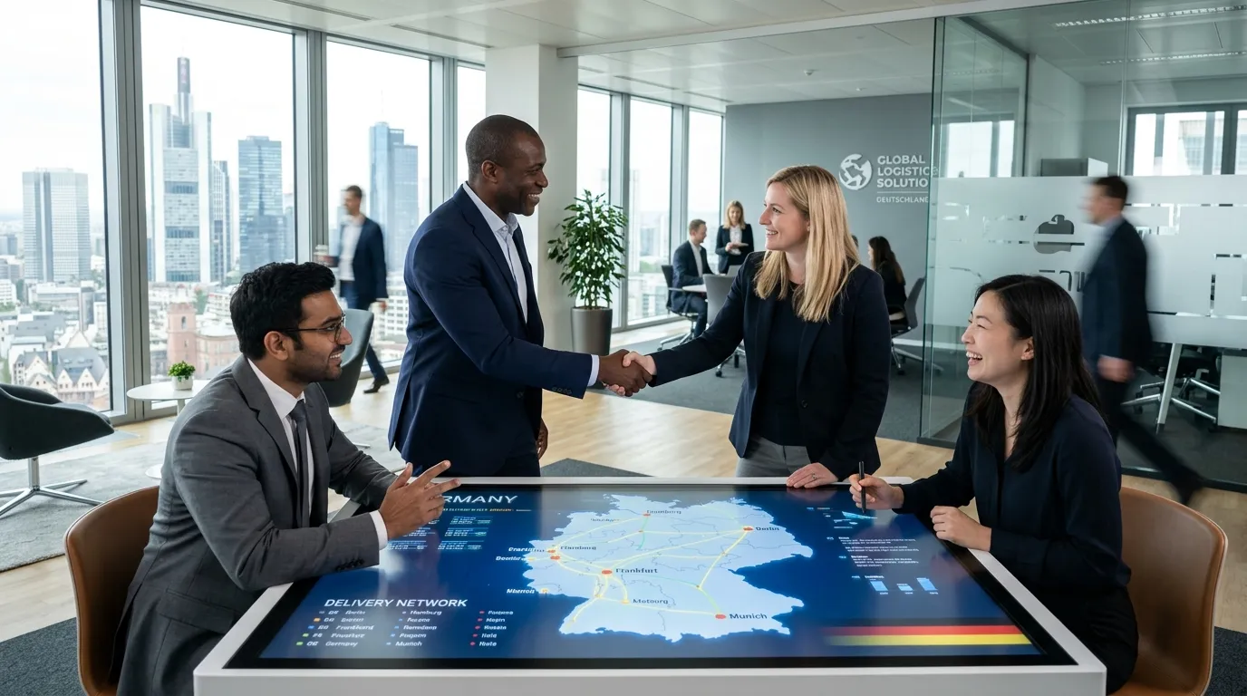 Professional hero image depicting a diverse group of professionals in a modern German office setting... Professional hero image depicting a diverse group of professionals in a modern German office setting, such as Berlin or Frankfurt, shaking hands and collaborating over a digital map of Germany, with a clean, corporate aesthetic.