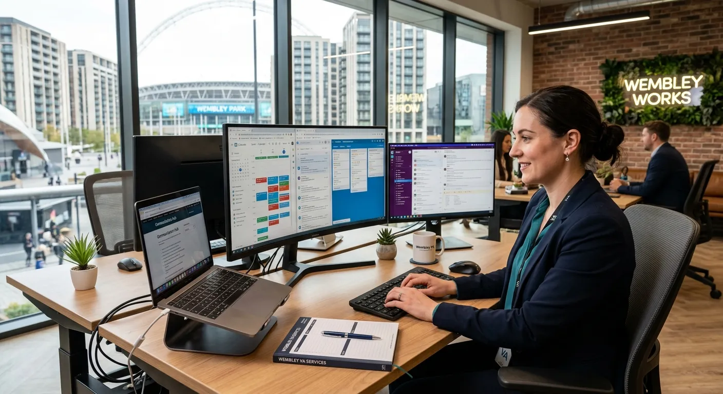 A professional, modern workspace in Wembley with a focused Virtual Assistant working on multiple scr... A professional, modern workspace in Wembley with a focused Virtual Assistant working on multiple screens, managing calendars, communications, and digital tasks, conveying efficiency and organisation.