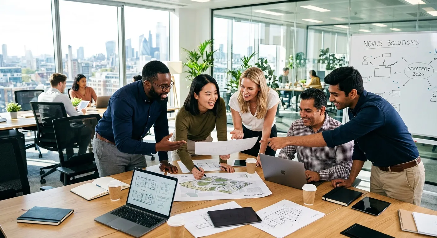 A diverse group of modern professionals collaborating in a bright, open-plan office. Style: Professi... A diverse group of modern professionals collaborating in a bright, open-plan office. Style: Professional, aspirational, high-contrast. Mood: Innovative, collaborative, forward-thinking.