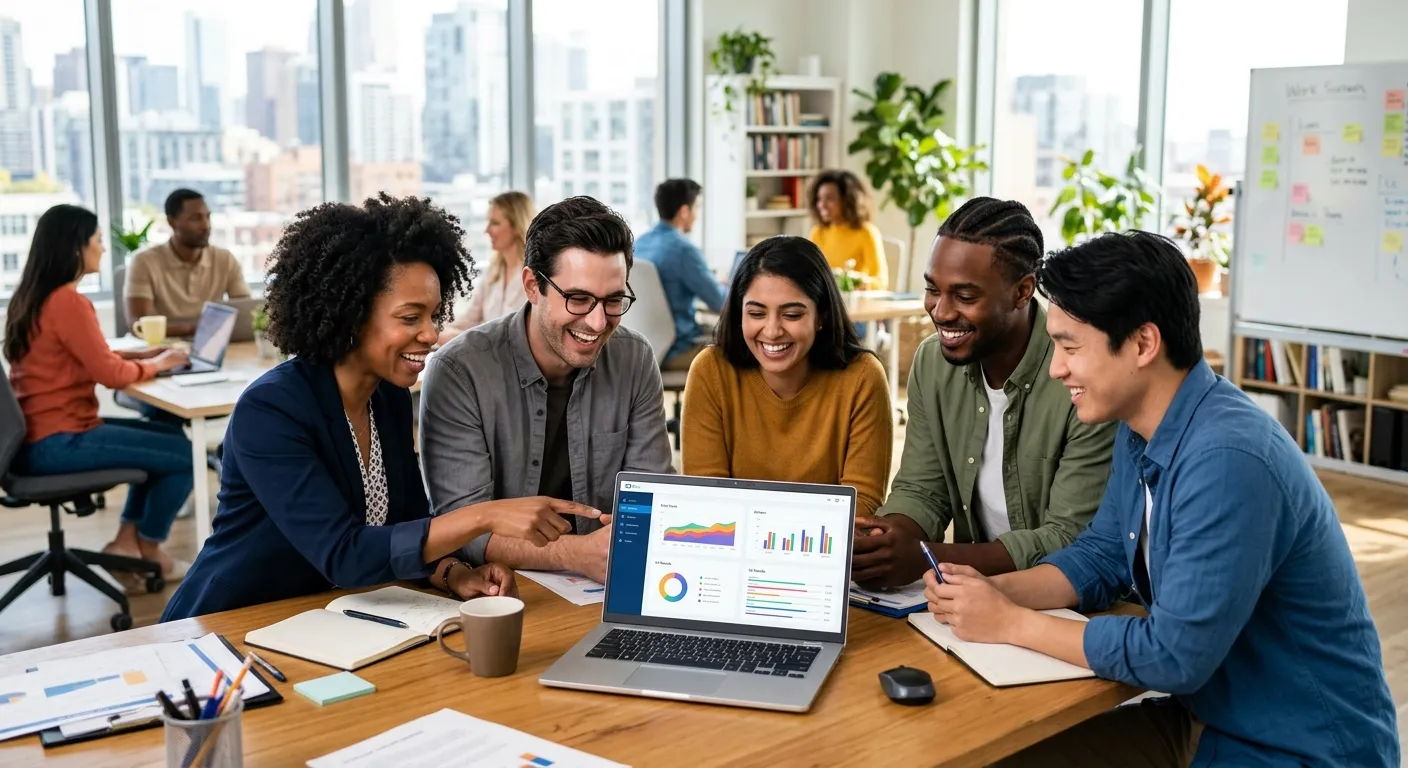 A modern, diverse team of professionals collaborating in a bright, open-plan office. They are gather... A modern, diverse team of professionals collaborating in a bright, open-plan office. They are gathered around a laptop, smiling and engaged. The style is professional, high-resolution, with a focus on collaboration and success.