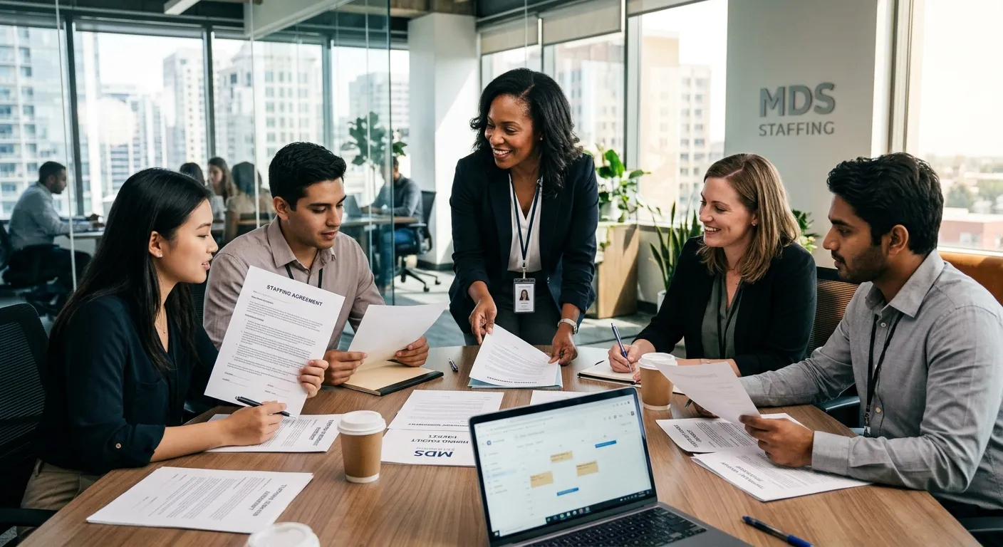 A professional, high-contrast image of a diverse team of temporary workers and a hiring manager in a... A professional, high-contrast image of a diverse team of temporary workers and a hiring manager in a modern office setting, reviewing documents together. The image should convey collaboration, legality, and dynamic staffing. Style: Corporate, bright, with a focus on people and paperwork.