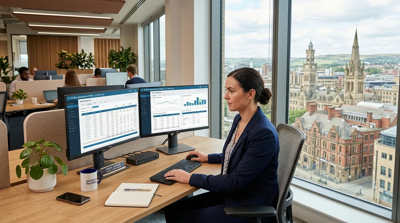 Professional hero image showing a modern, organised office environment in Bradford, with a focused P... Professional hero image showing a modern, organised office environment in Bradford, with a focused Payroll Administrator working on a dual-screen monitor displaying payroll software, with the Bradford cityscape visible through a window. Style: Professional, clean, and inviting.