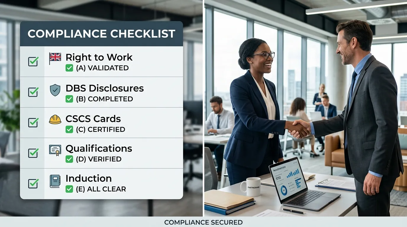 A professional, split-screen image showing a checklist of compliance items like Right to Work, DBS,... A professional, split-screen image showing a checklist of compliance items like Right to Work, DBS, and CSCS on one side, and a happy business manager shaking hands with a temp agency representative on the other, in a modern office setting.