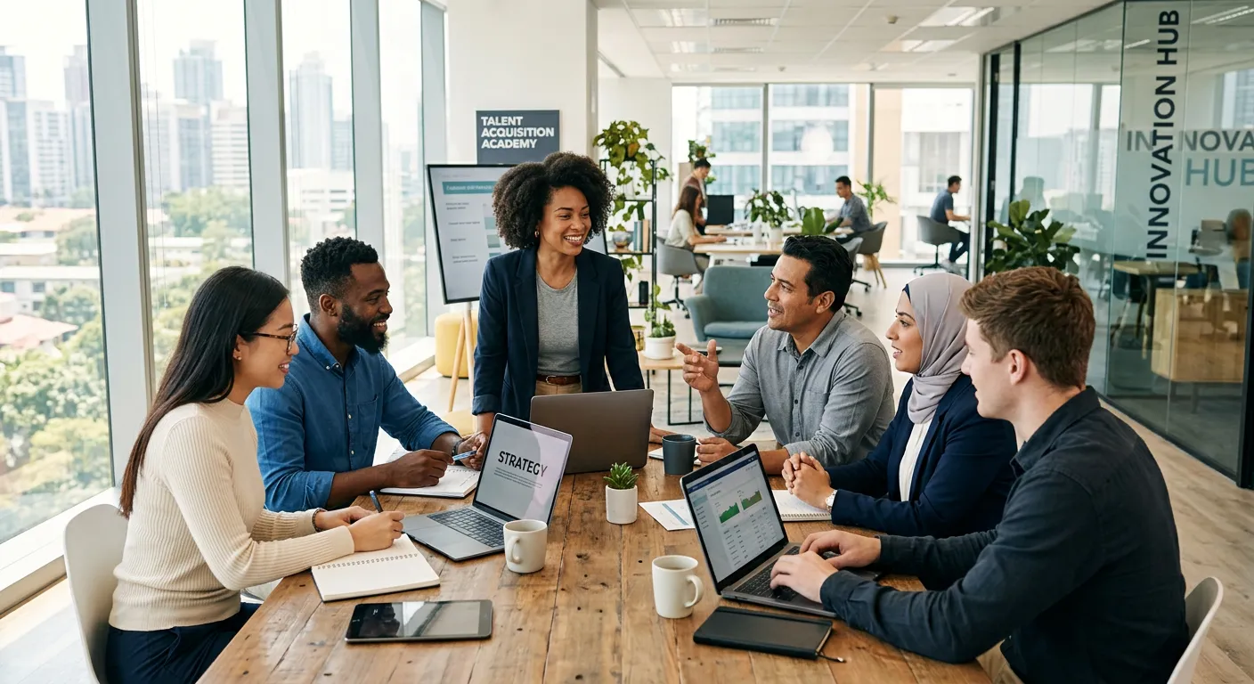 A modern, diverse team of professionals collaborating in a bright, sunlit office. The mood is confid... A modern, diverse team of professionals collaborating in a bright, sunlit office. The mood is confident, efficient, and forward-thinking, representing successful talent acquisition.