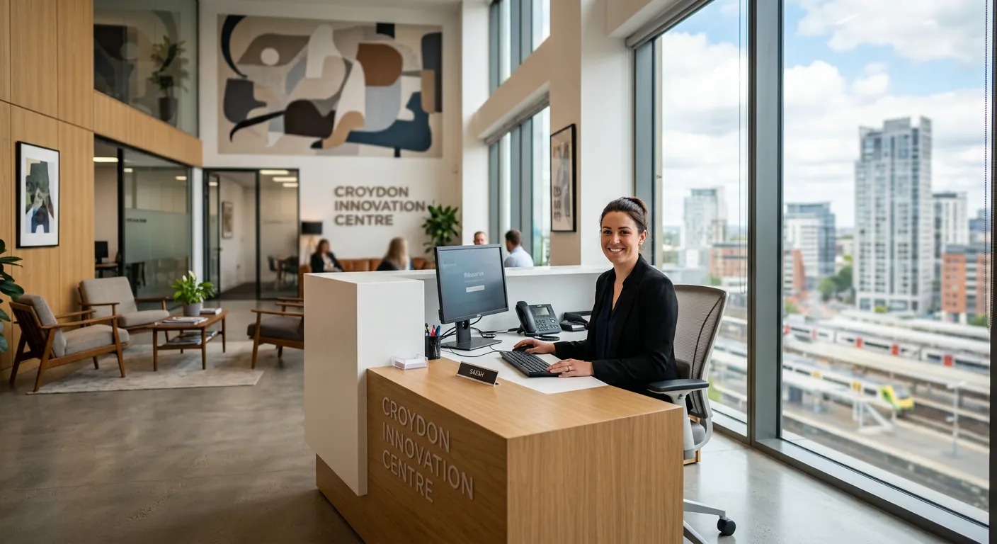 A professional, well-lit photo of a modern reception area in a Croydon office building, featuring a... A professional, well-lit photo of a modern reception area in a Croydon office building, featuring a smiling receptionist at a sleek desk, with a blurry cityscape visible through the windows. Style: professional, welcoming, high-quality.