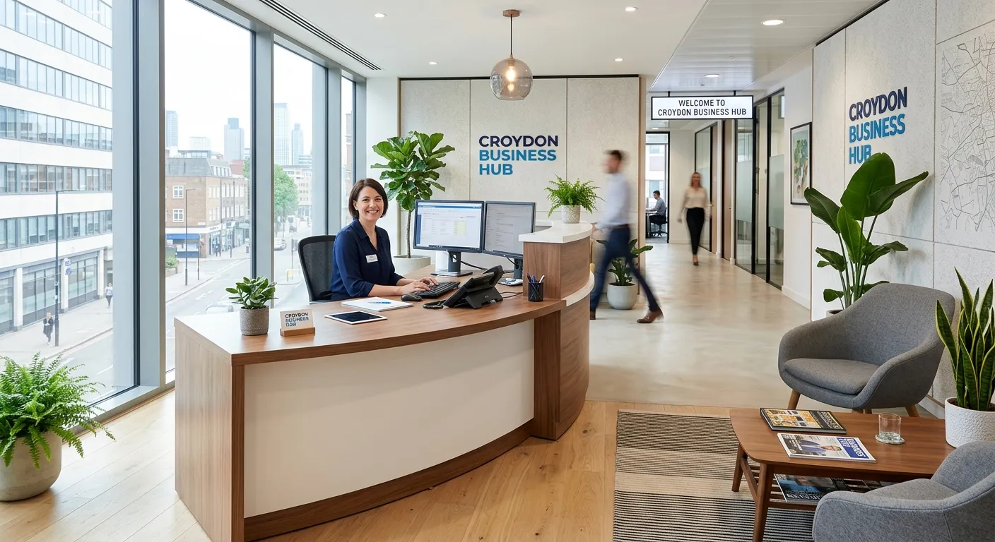 A modern, professional reception area in a Croydon office building, featuring a welcoming receptioni... A modern, professional reception area in a Croydon office building, featuring a welcoming receptionist at a sleek desk with dual monitors, a stylish waiting area with plants, and natural light. Style: Clean, professional, and inviting.