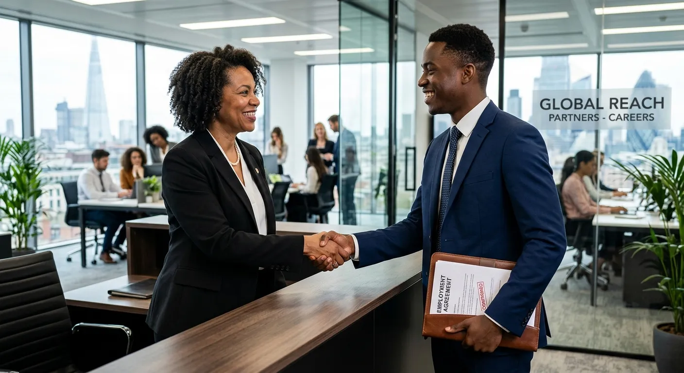 A professional, high-contrast image of a confident business leader shaking hands with a qualified candidate in a modern office setting, symbolizing a successful permanent placement. Style: Corporate, sharp, optimistic mood.
