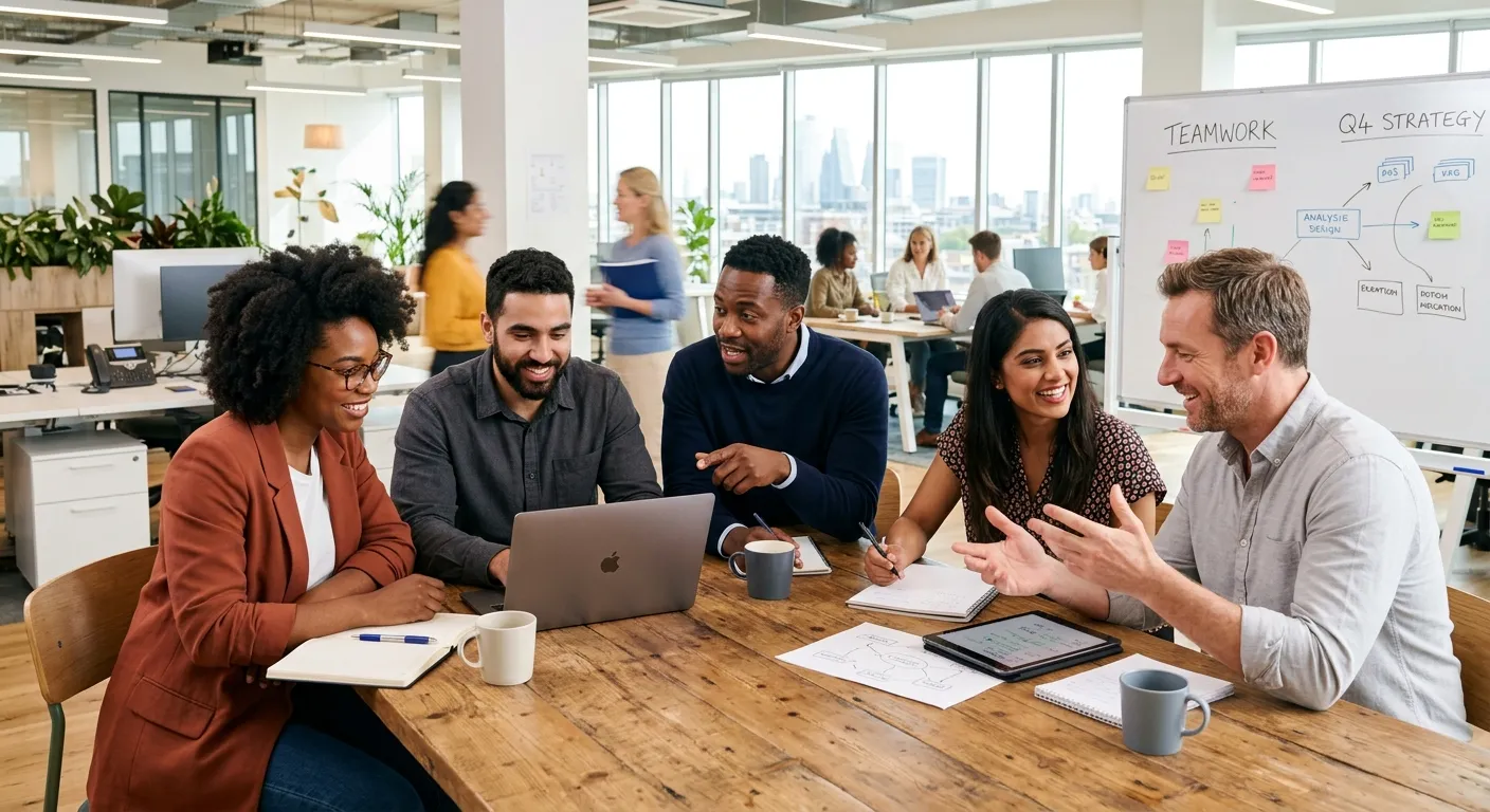 A modern, diverse group of professionals in a collaborative office setting, some looking at a laptop... A modern, diverse group of professionals in a collaborative office setting, some looking at a laptop, others in discussion. Style is bright, professional, and energetic, conveying dynamic teamwork and flexible staffing solutions.