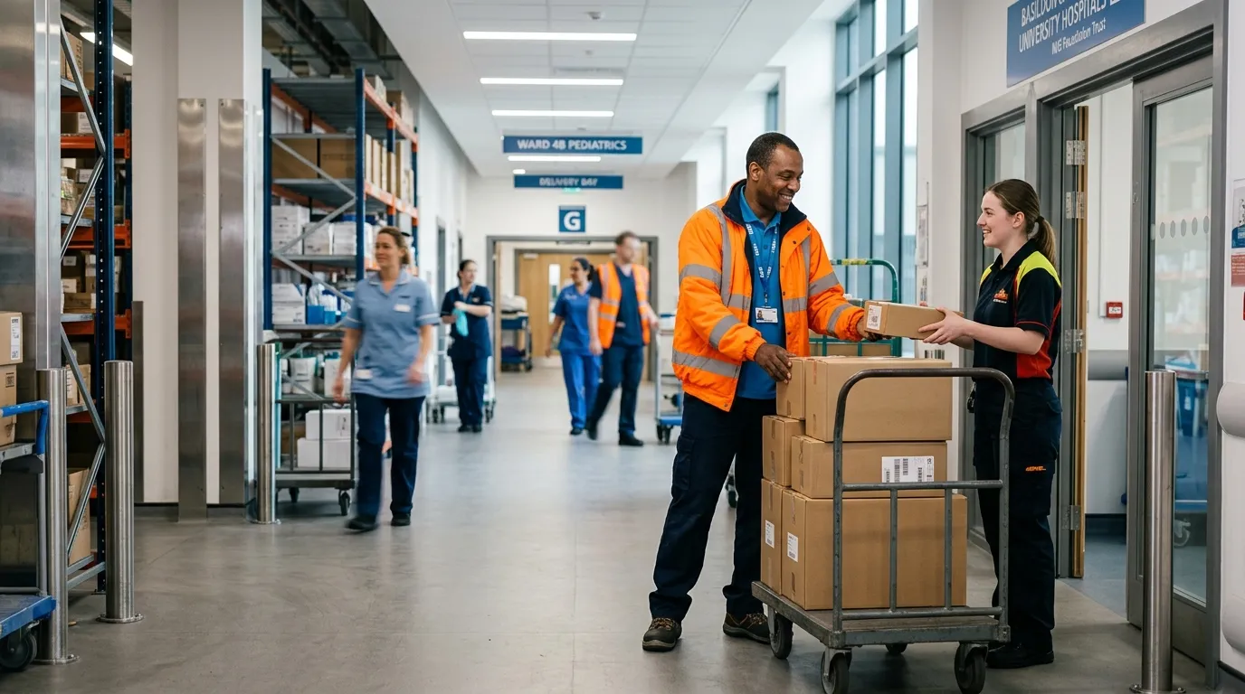 Professional hero image showing a porter in high-visibility clothing, smiling and interacting with a... Professional hero image showing a porter in high-visibility clothing, smiling and interacting with a delivery in a modern logistics or hospital environment in Basildon. The image should convey reliability, activity, and a positive workplace atmosphere.