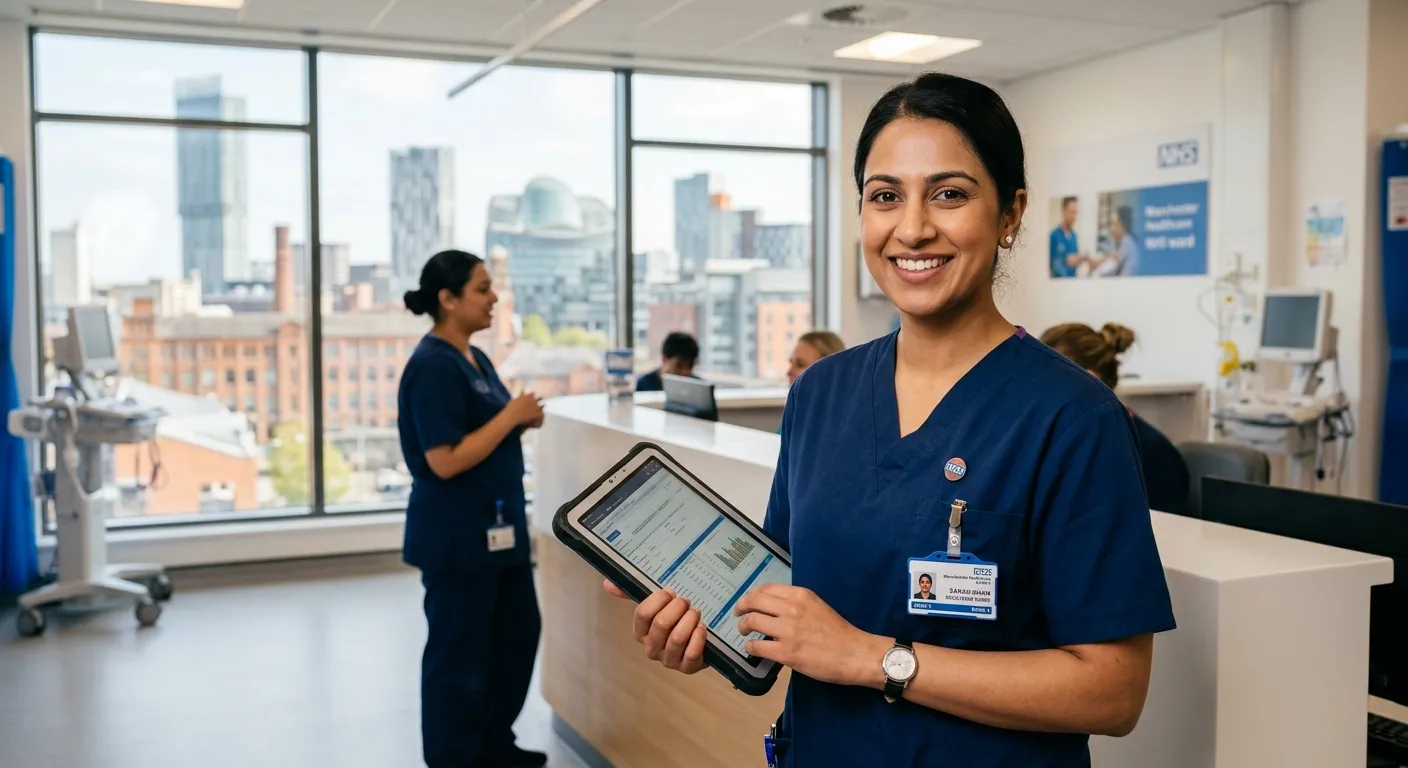 A professional, friendly-looking Registered Nurse in a modern healthcare setting in Manchester, smiling confidently while holding a tablet. The image should convey competence, care, and a positive work environment. Style: Professional healthcare photography, well-lit, with a slight focus on Manchester's urban skyline in the background.