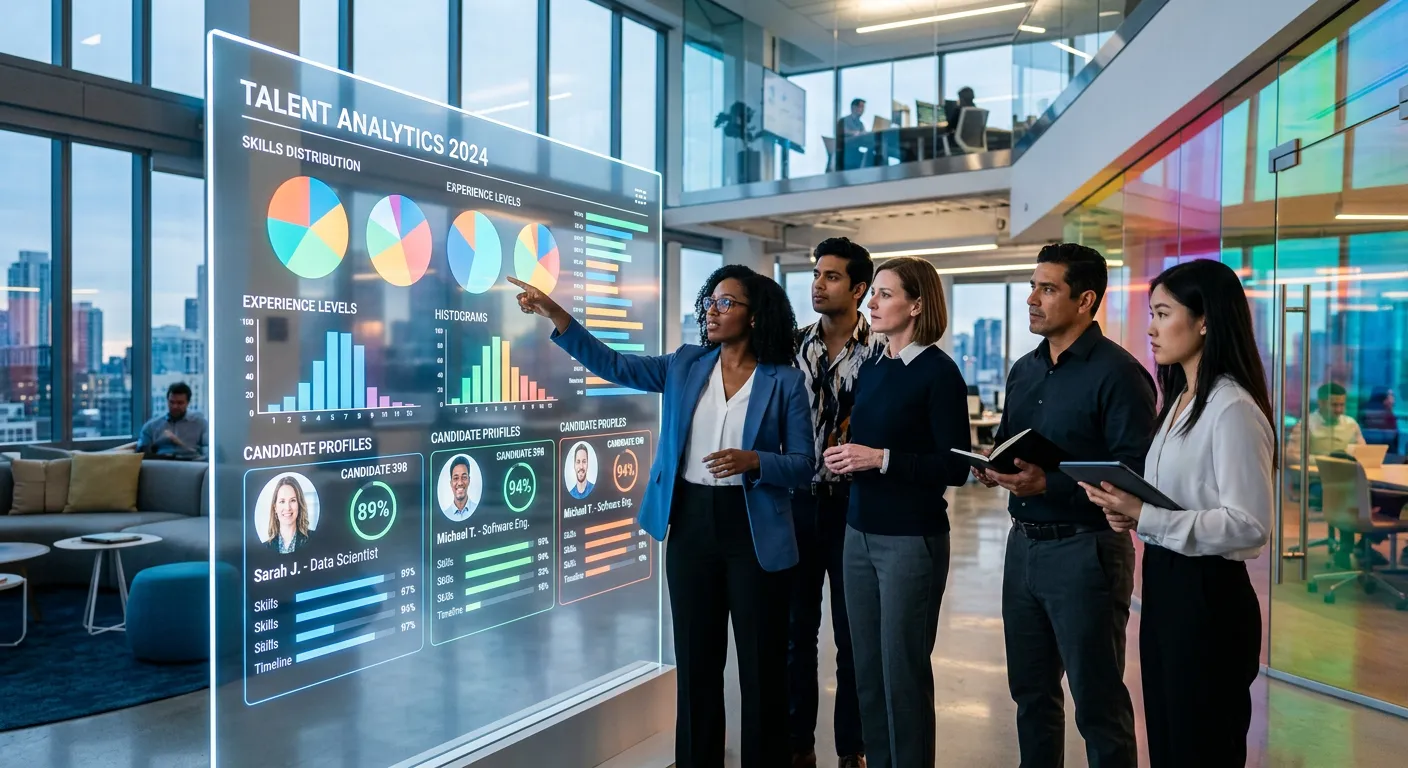 A diverse group of professionals in a modern, bright office environment, looking at data on a large... A diverse group of professionals in a modern, bright office environment, looking at data on a large transparent screen displaying analytics and candidate profiles. Style: Corporate, futuristic, high-contrast.