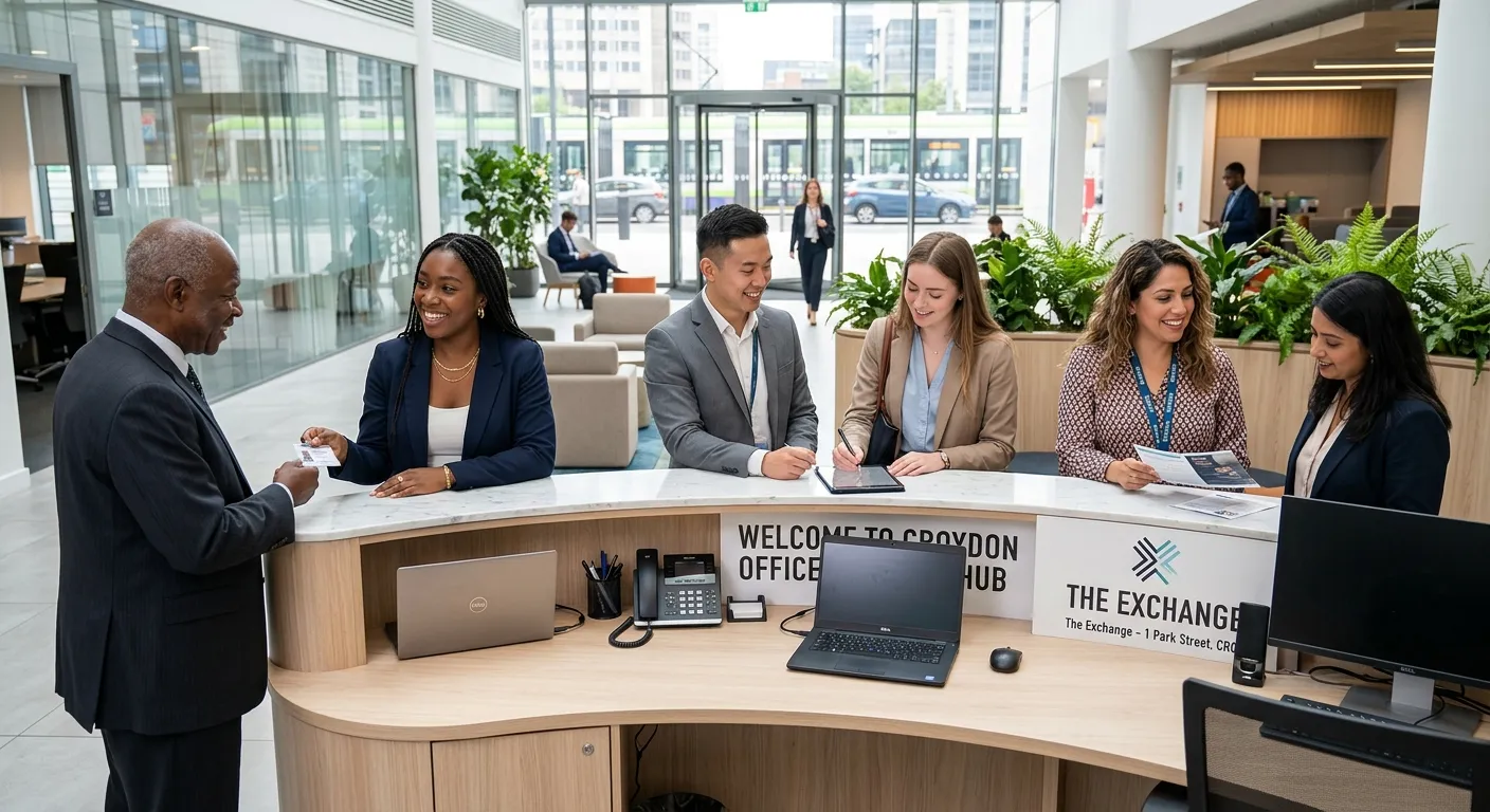 A professional, diverse group of receptionists working at a modern, well-lit reception desk in a Cro... A professional, diverse group of receptionists working at a modern, well-lit reception desk in a Croydon office building, smiling and assisting clients. Style: Bright, professional, welcoming mood.